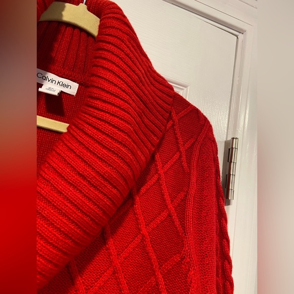 Calvin Klein Size L Red Lattice Long Sleeve Cowl Neck Pullover Tunic Sweater - Picture 9 of 11